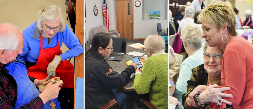 Picture display various senior center activites including woodworking, technology support classes, and social gatherings