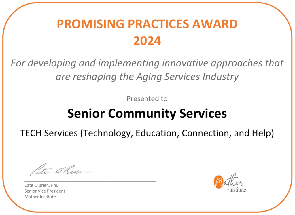 Promising Practices Award 2024. For developing and implementing innovative practices that are reshaping the aging industry. Presented to Senior Community Services Tech Services.